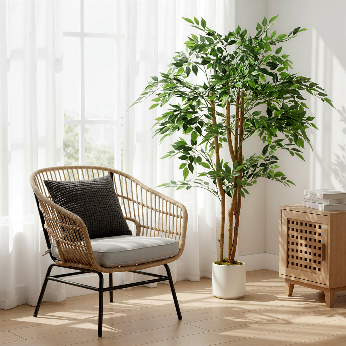 Plante artificielle intérieure 150 cm banian arbre artificiel, pot en plastique et tronc en bois massif, vert-8