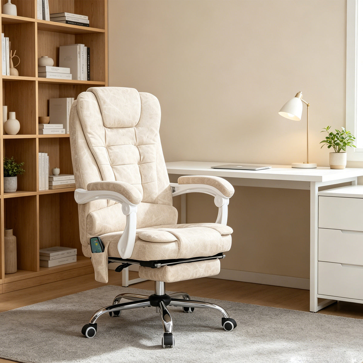 Fauteuil de bureau massant et chauffant, chaise de bureau, hauteur réglable, dossier inclinable, 65x70x111-119cm, crème-1
