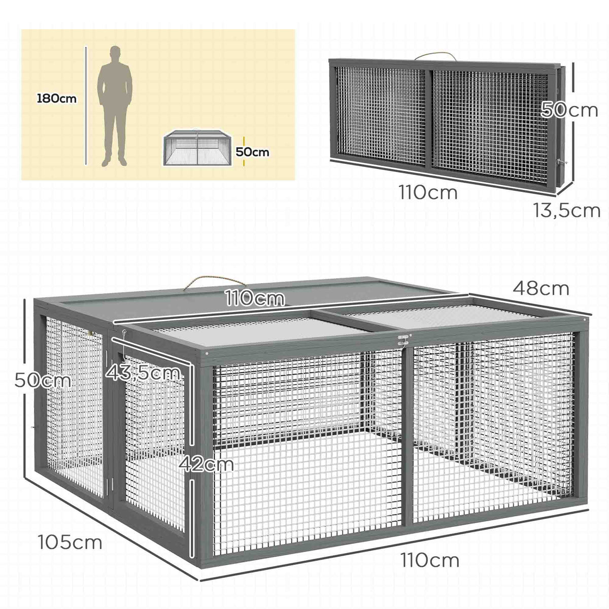 Clapier à lapins cage lapin pliable avec poignée dessus ouvrable pour 2 à 3 lapins cochons d'inde 110 x 105 x 50 cm gris-2
