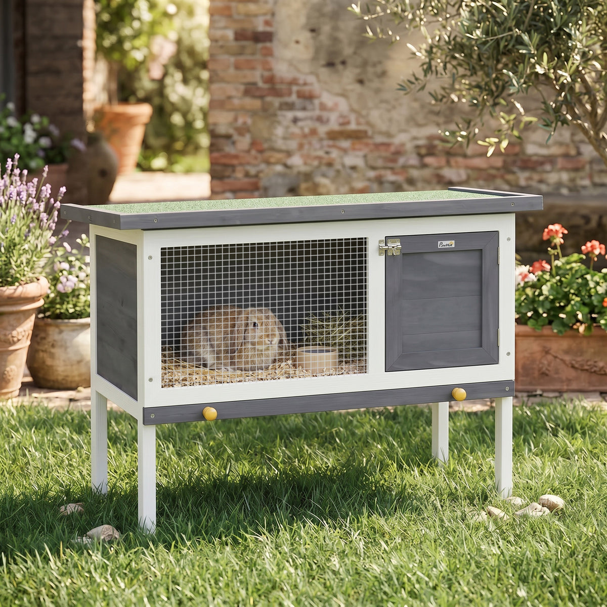 Clapier Lapin Extérieur en Bois, avec Toit Ouvrable en Asphalt et Plateau Coulissant, Design Surélevé, 90x45x65cm, Gris-9