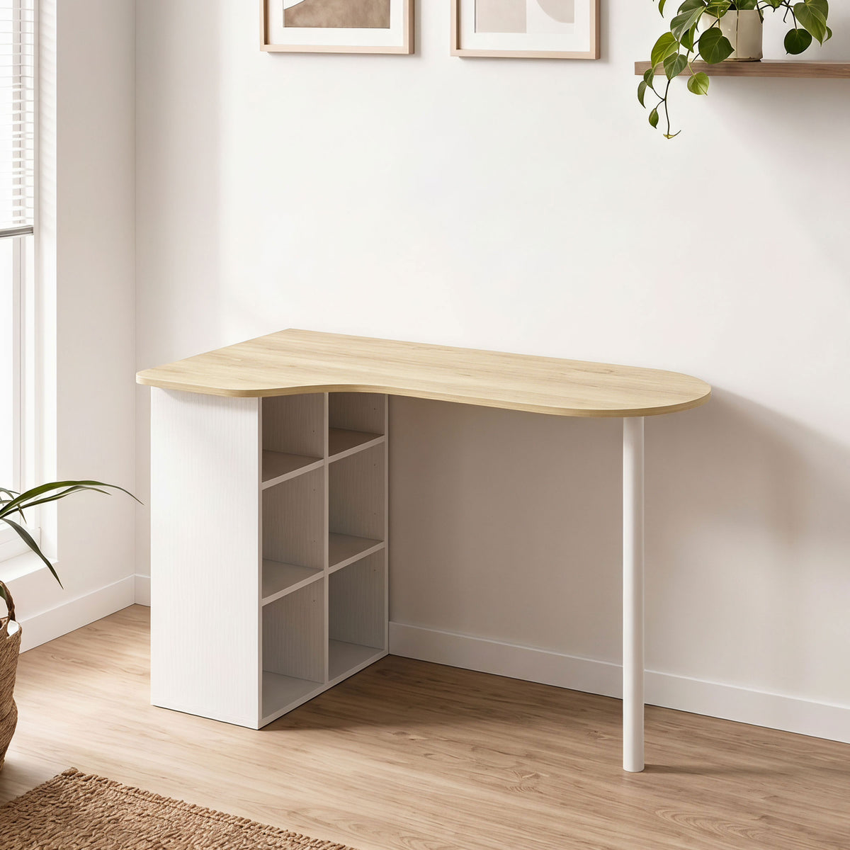 Bureau irrégulier table d'ordinateur 100 x 59 cm avec 6 compartiments, 4 étagères réglables et cadre en acier, chêne-1