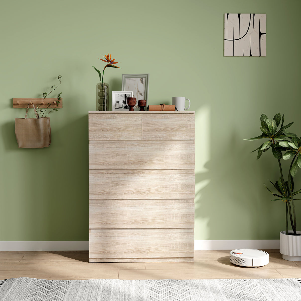 Commode 6 tiroirs meuble de rangement sans poignées design minimaliste 80 x 39 x 115 cm bois naturel-7