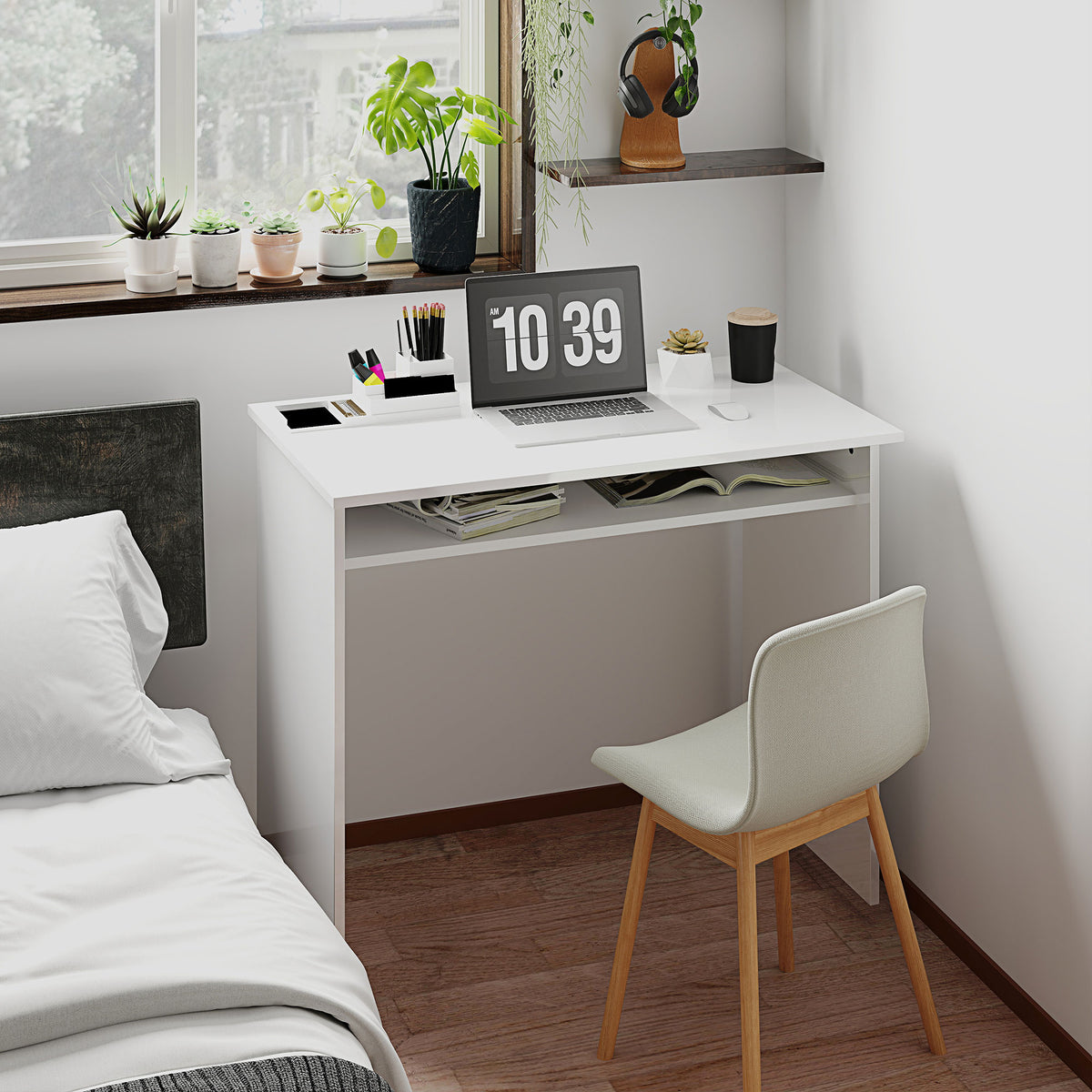 Bureau informatique sobre épuré compact avec 1 étagère, panneaux de particules, dim. 90l x 50P x 74H cm, blanc laqué-1