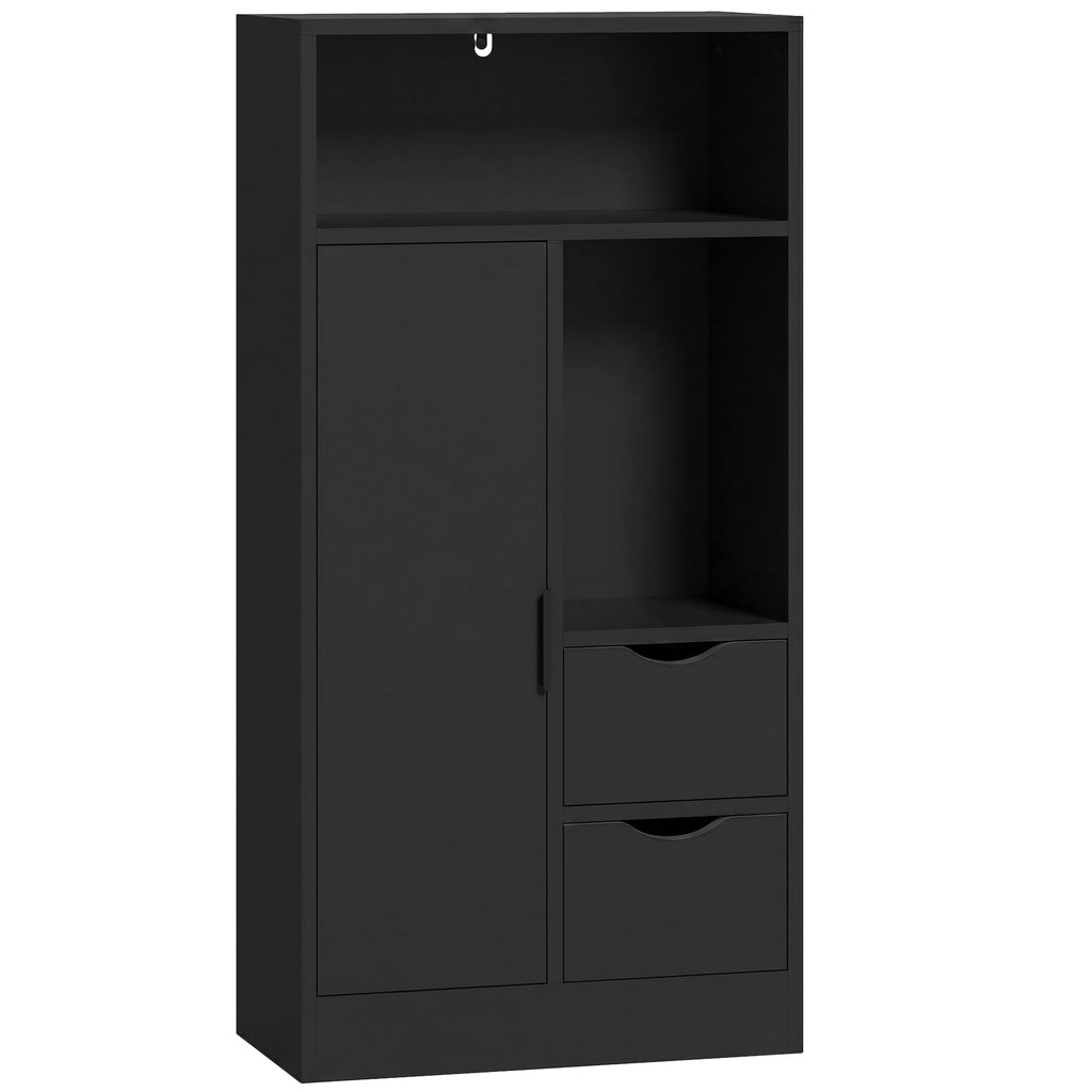 Meuble de salle de bain, meuble de rangement étroit avec 2 tiroirs, compartiments ouverts, 50x25x100cm, noir-0