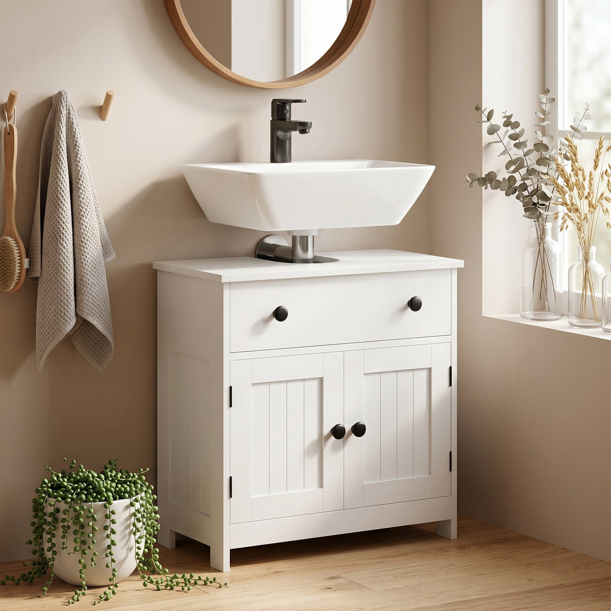 Meuble sous lavabo de salle de bain, meuble moderne sur pied avec charnières à fermeture douce, tiroir, 2 portes, blanc-1