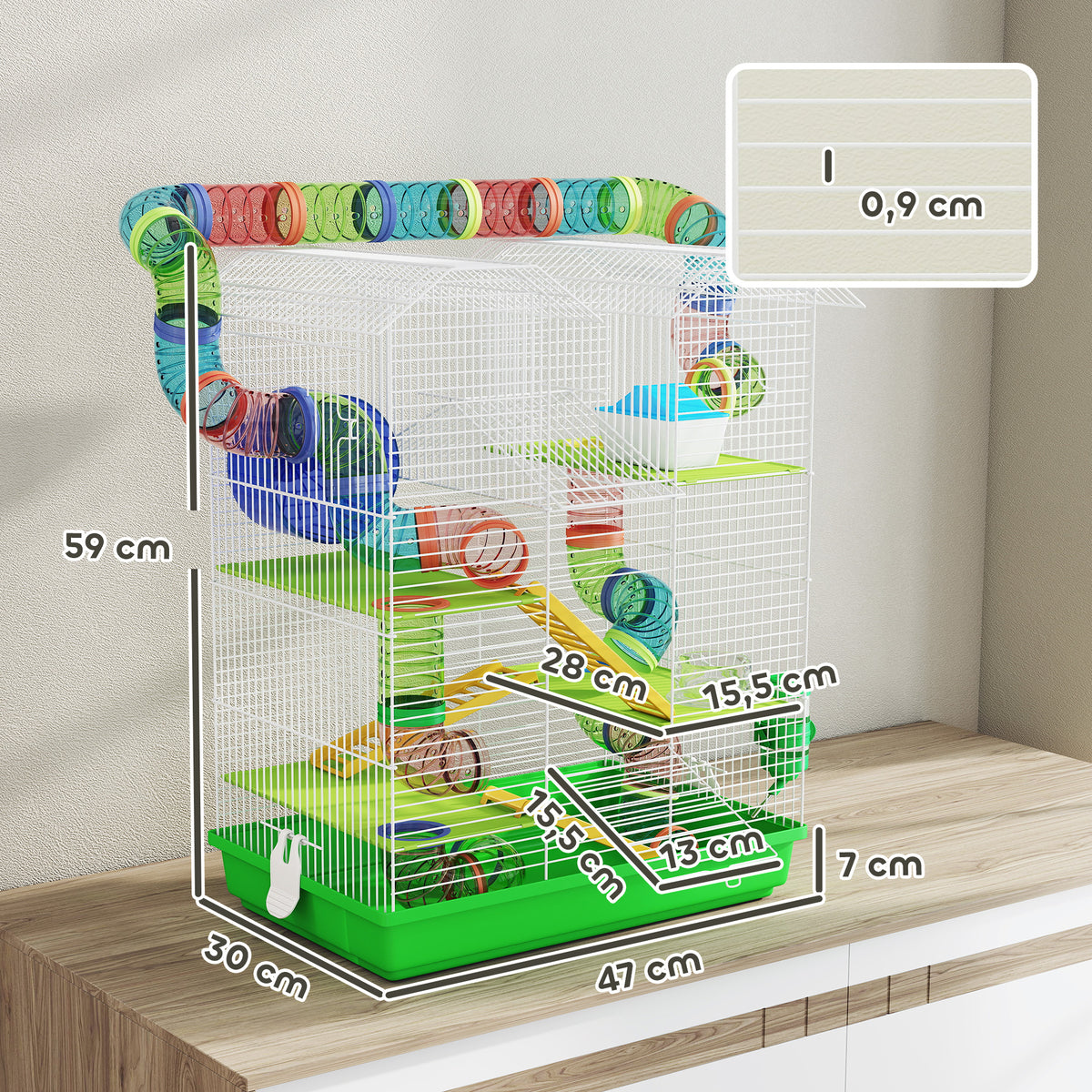 Cage pour hamster souris petit animaux rongeur avec tunnel mangeoire roue jouet 47 x 30 x 59 cm vert-2
