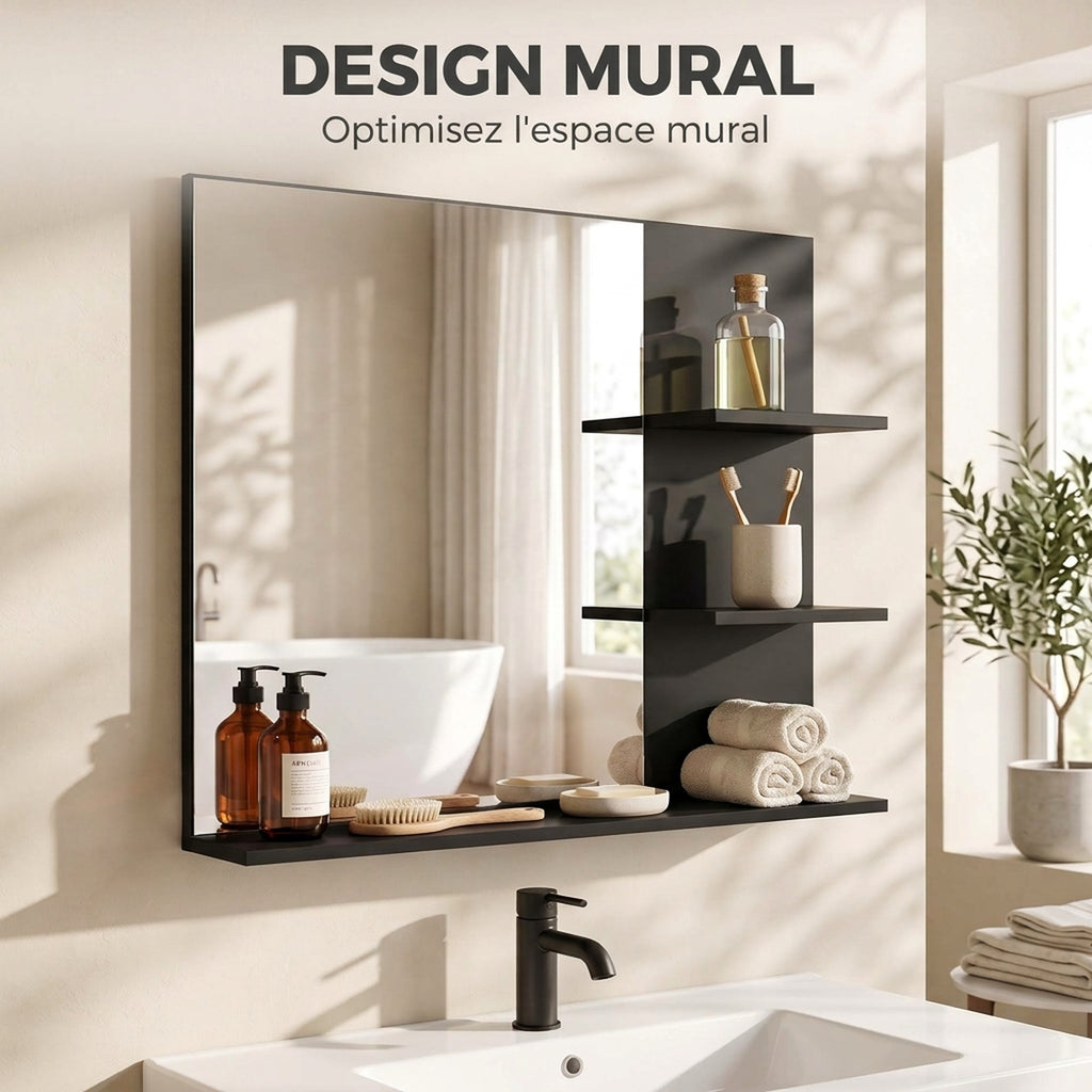 Miroir Salle de Bain avec 3 Étagères 60 x 48 cm, Miroir Mural Modern pour chambre à coucher, bureau, Noir-3