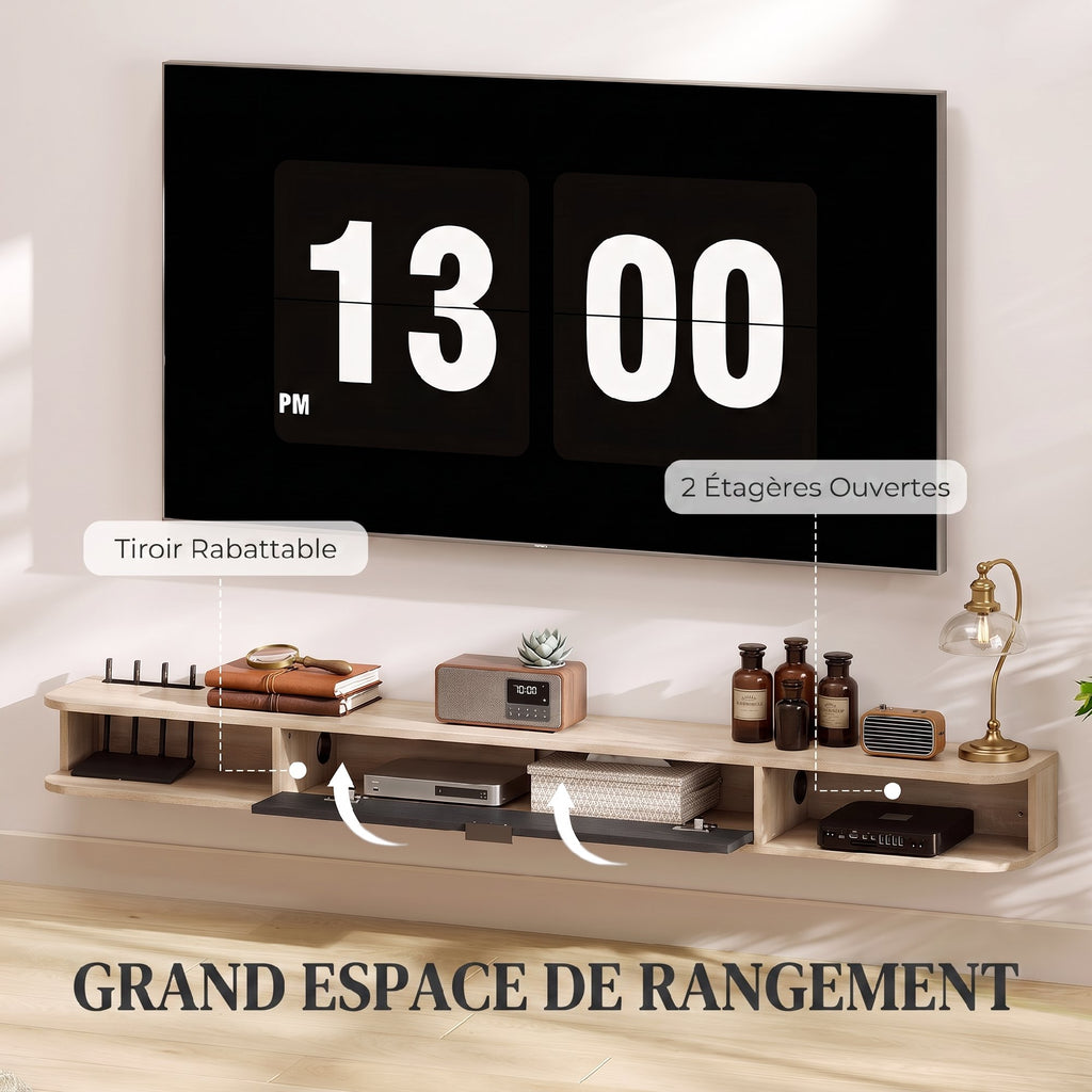 Meuble TV suspendu, meuble télé pour téléviseur jusqu'à 75 pouces, tiroir rabattable 2 étagères 180x24x16cm bois naturel-4