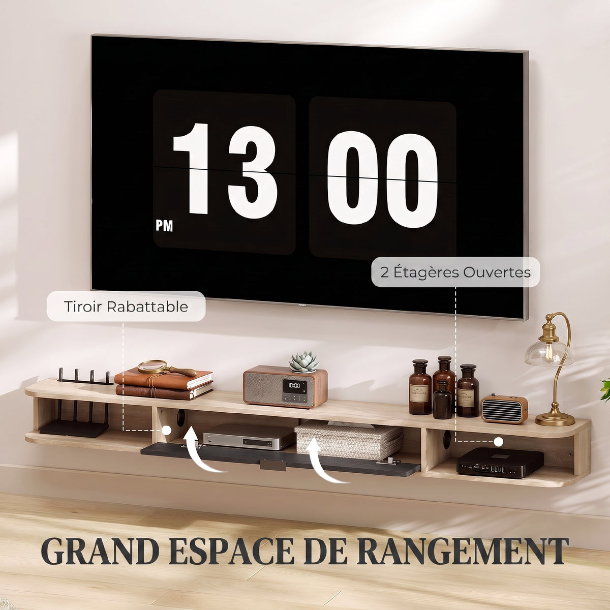 Meuble TV suspendu, meuble télé pour téléviseur jusqu'à 75 pouces, tiroir rabattable 2 étagères 180x24x16cm bois naturel-4