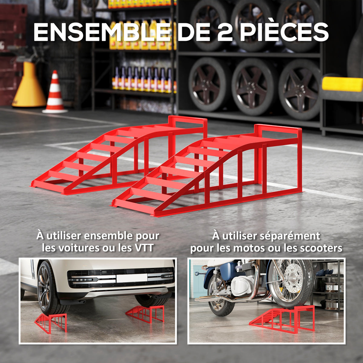Lot de 2 Rampes d'Accès pour Voiture 3T en Acier, Surface Antidérapante, 83,5 x 30,5 x 27 cm, Rouge-4