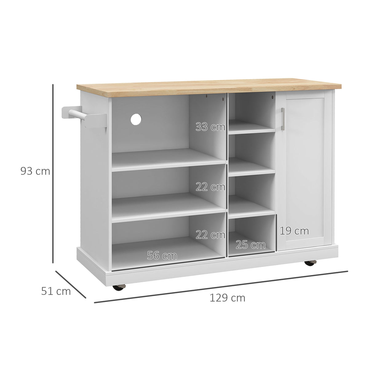 Desserte îlot de cuisine sur roulettes 7 compartiments 1 placard 1 porte 1 porte torchons 129 x 51 x 93 cm bois et blanc-2