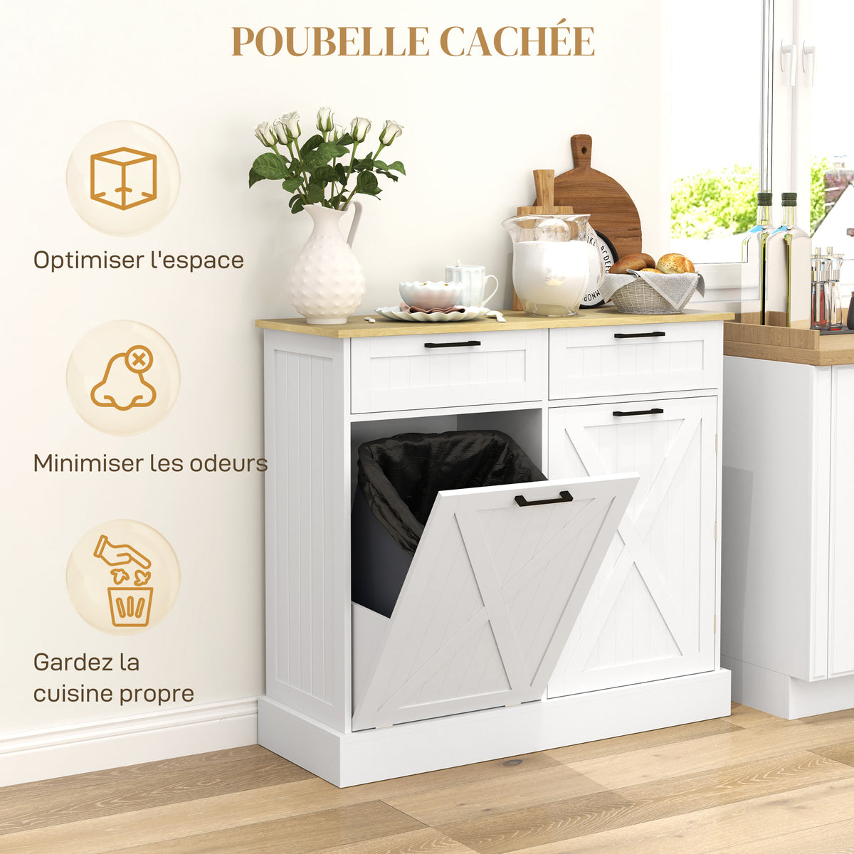 Buffet cuisine avec meuble poubelle 38L, meuble cuisine rangement, 2 tiroirs, étagère à épices et plan de travail, blanc-3