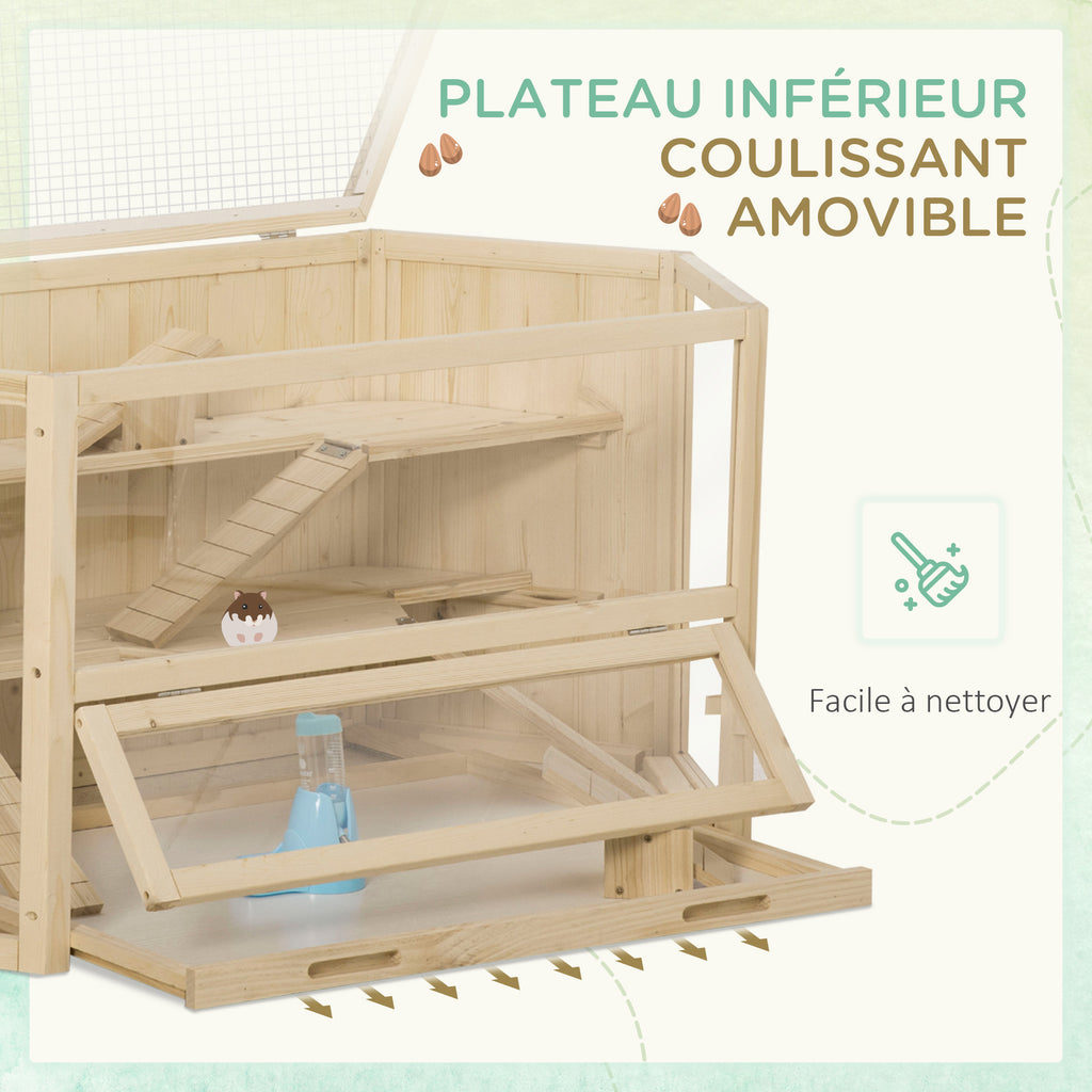 Cage à hamster à 3 niveaux bascules, fenêtres, cabanes, plateau coulissant, 115 x 60 x 55 cm, effet bois naturel-6