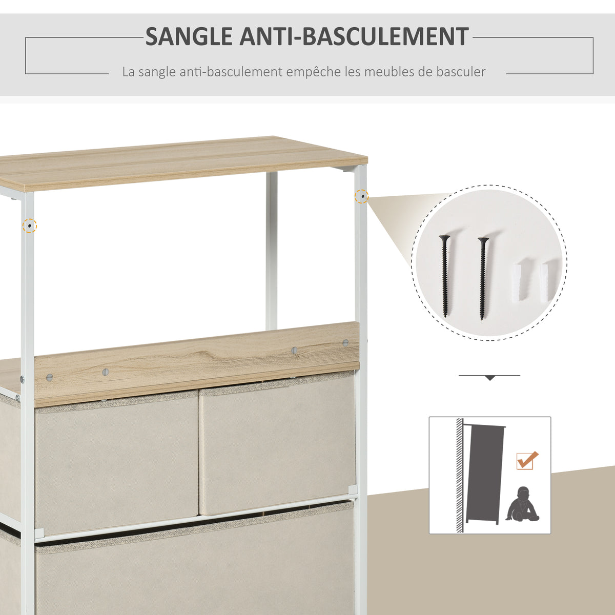 Commode meuble de rangement avec 3 tiroirs tissus, étagère et plateau supérieur, 58L x 29P x 81,5H cm-5