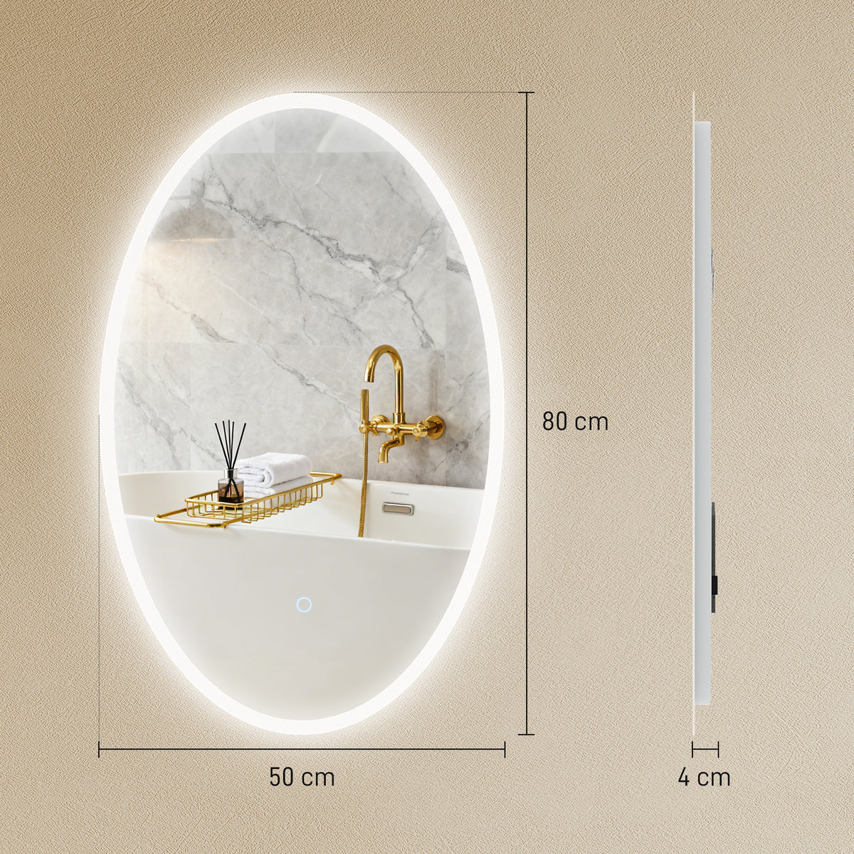 Miroir salle de bain avec éclairage 80 x 50 cm, miroir LED ovale, anti-buée, 3 couleurs lumière, dimmable, transparent-2