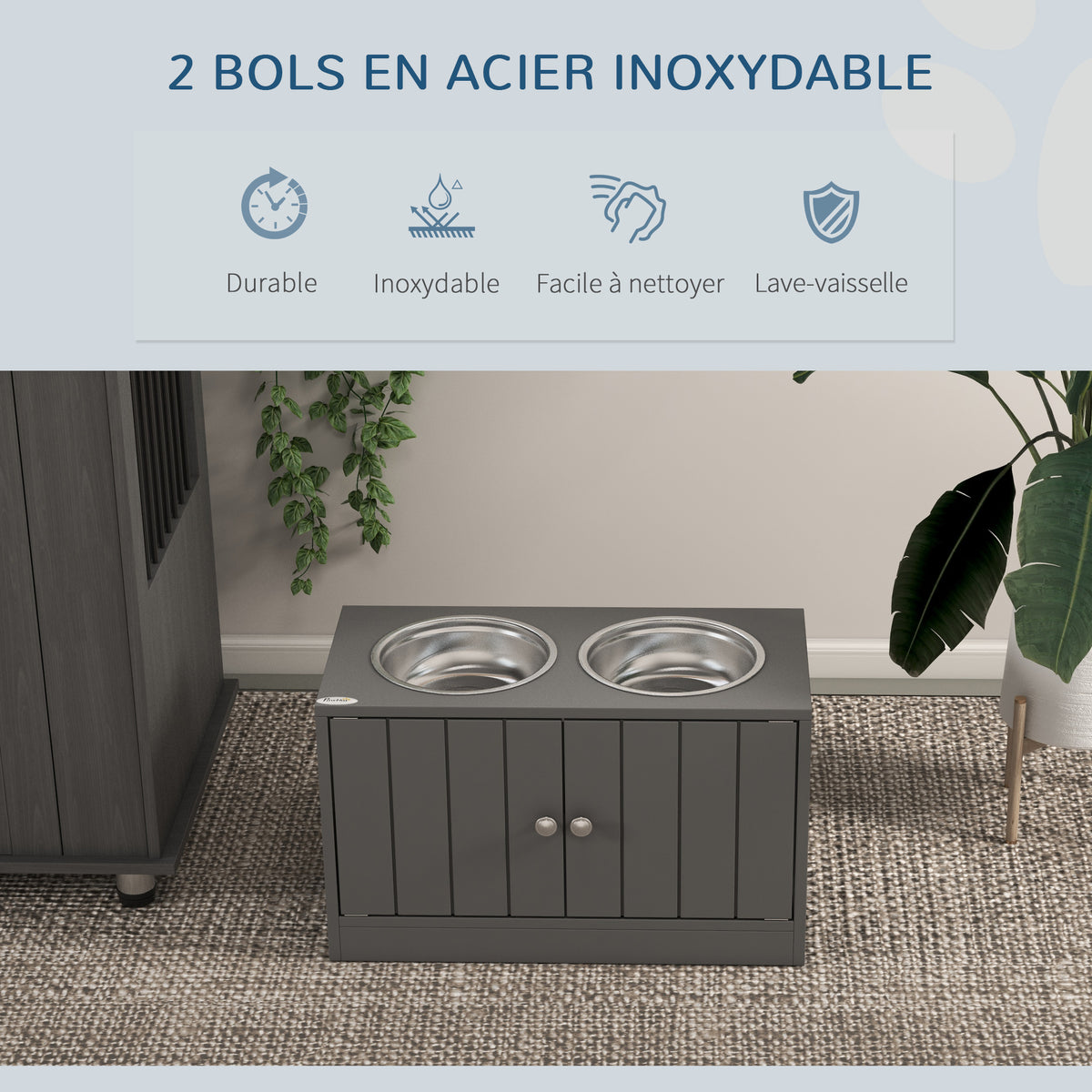 Gamelles Chiens Surélevées Gamelle Double Chien Chat Porte-Gamelles 2L Acier Inox 60 x 30 x 35,5 cm Gris-3