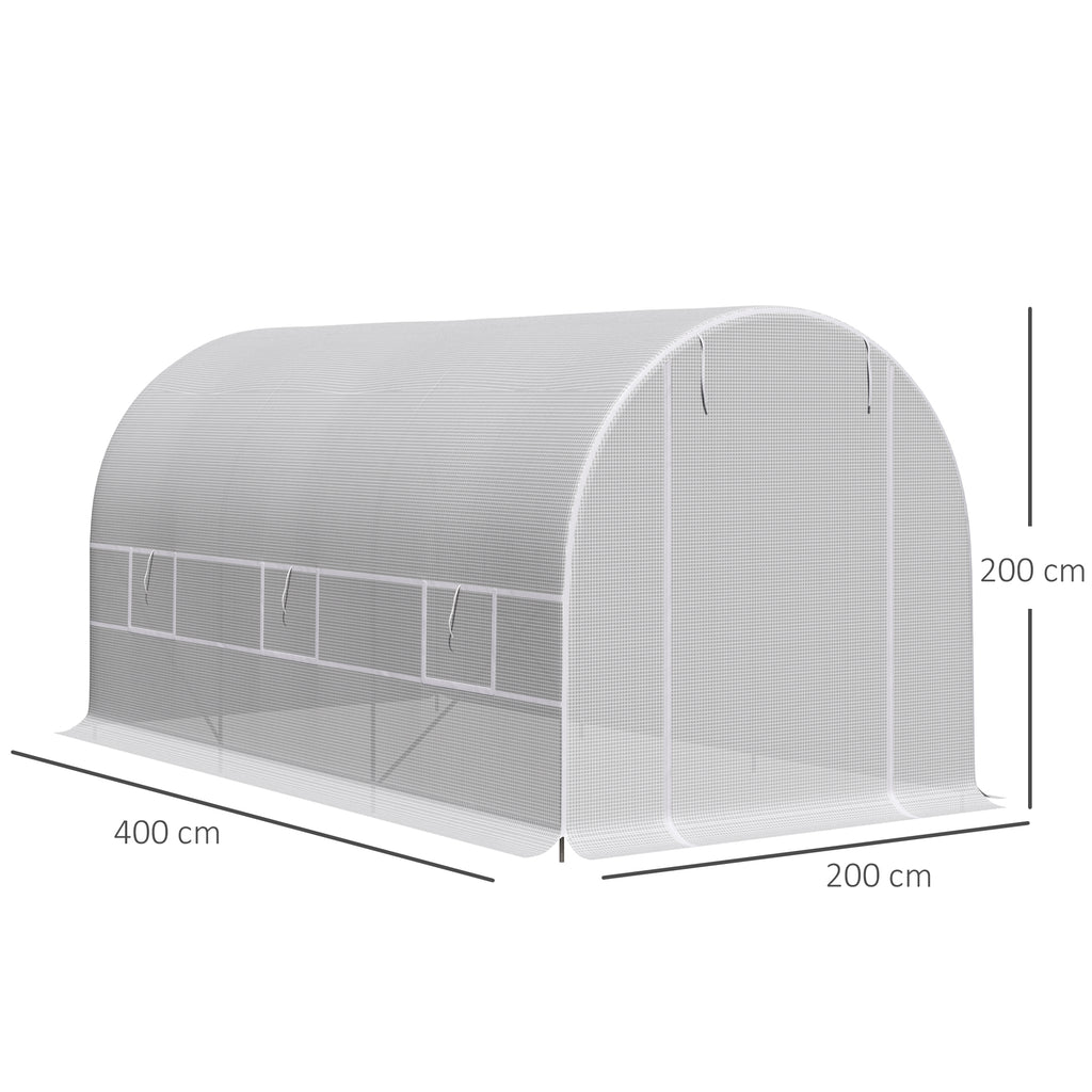 Serre tunnel de jardin 8m², serre de jardin tunnel avec porte et 6 fenêtres, bâche PE 140 g/m² 400 x 200 x 200 cm blanc-2