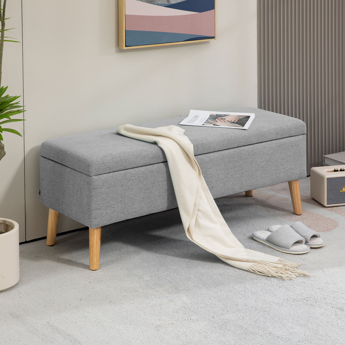 Banc coffre rangement rembourré aspect lin pour chambre à coucher, entrée, salon, charge 220 Kg, 110 x 39 x 45 cm, gris-9