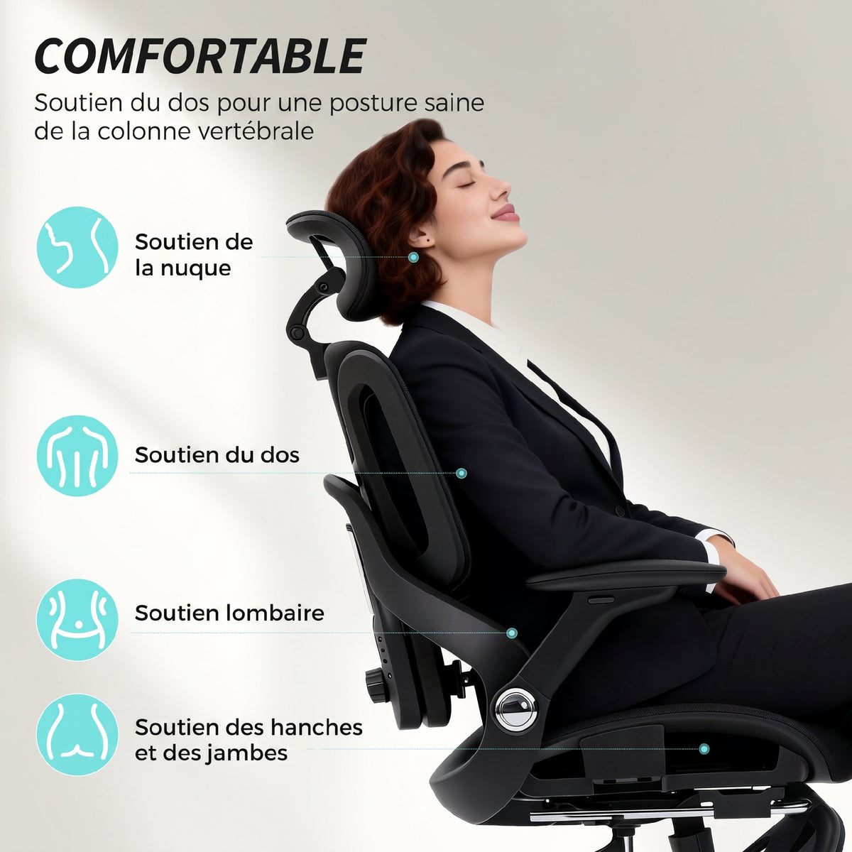 Chaise Bureau Ergonomique avec Accoudoirs 4D Appui-Tête et Profondeur d'Assise Réglables Maille Noir-3