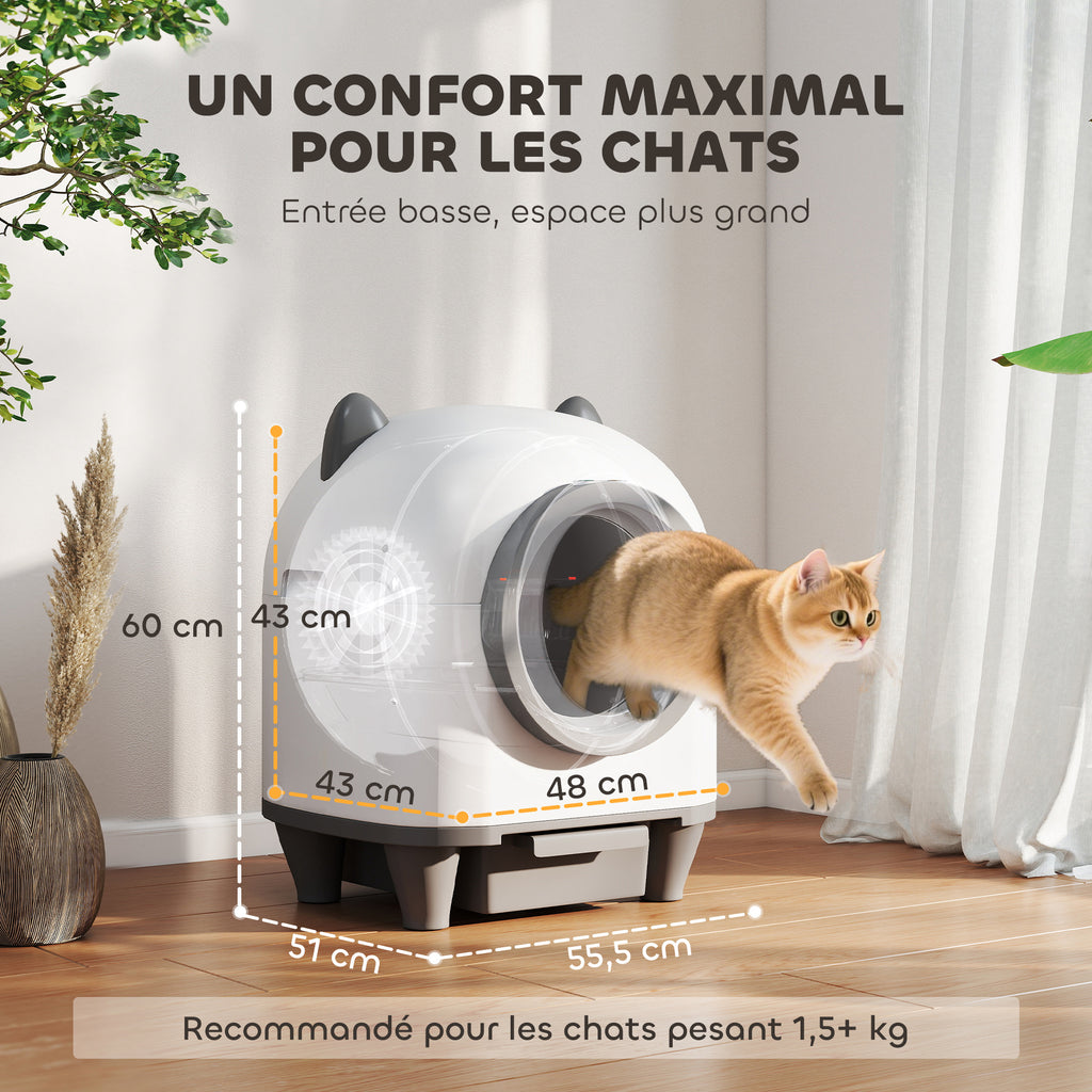Bac à litière pour chat autonettoyant 80L, bac à litière automatique contrôle app, anti-pinch, 55,5 x 51 x 60 cm, blanc-8