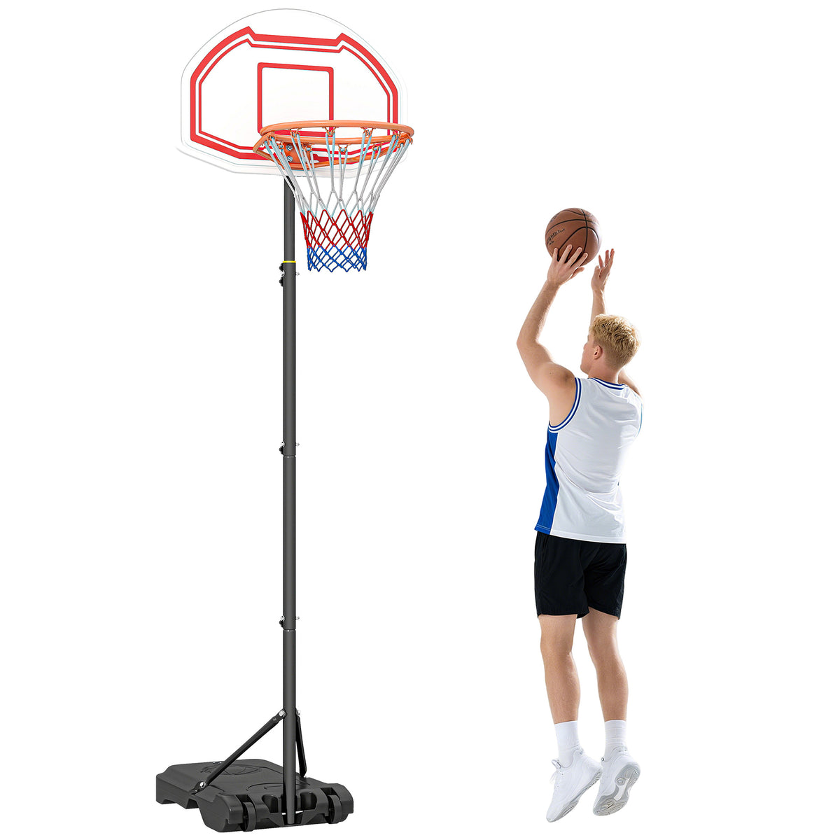 Panier de basket extérieur avec poteau panneau, base de lestage sur roulettes hauteur réglable 2,1-2,6 m (panier) - acier, noir blanc et rouge-0