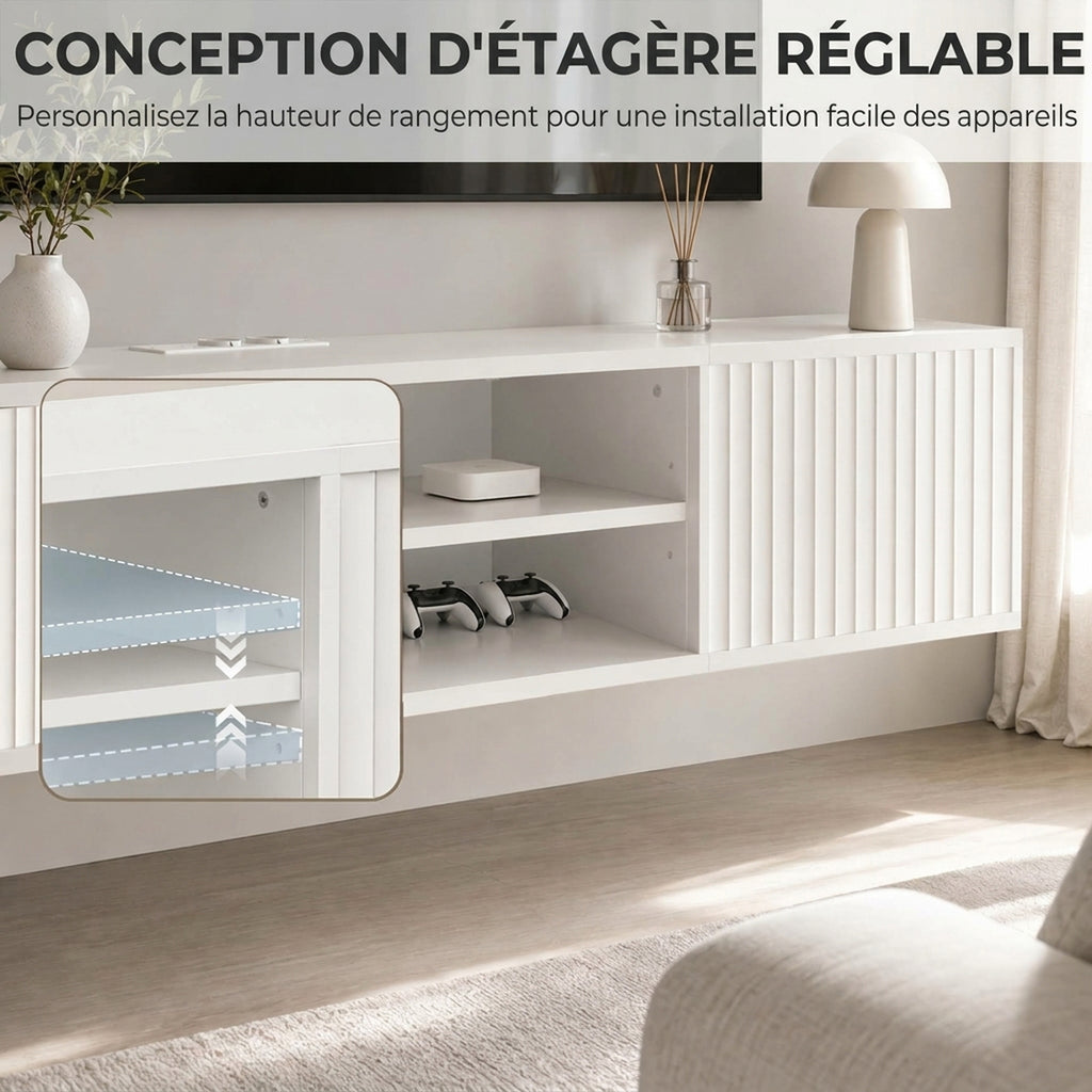 Meuble TV Suspendu Flottant 140cm avec Éclairage LED et Prises, 2 Portes Cannelées et Étagère Réglable, Blanc-6