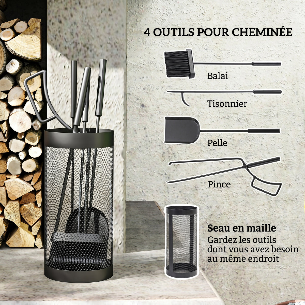 Ensemble serviteur de cheminée, serviteur de cheminée à 5 pièces, balai pelle pince tisonnier et seau, métal, noir-3