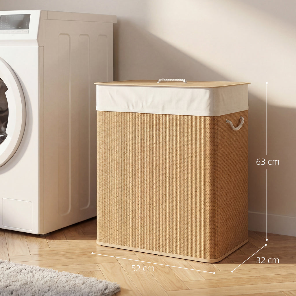 Panier à linge double avec couvercle, panier à linge en bambou 100 L avec poignées en corde-2