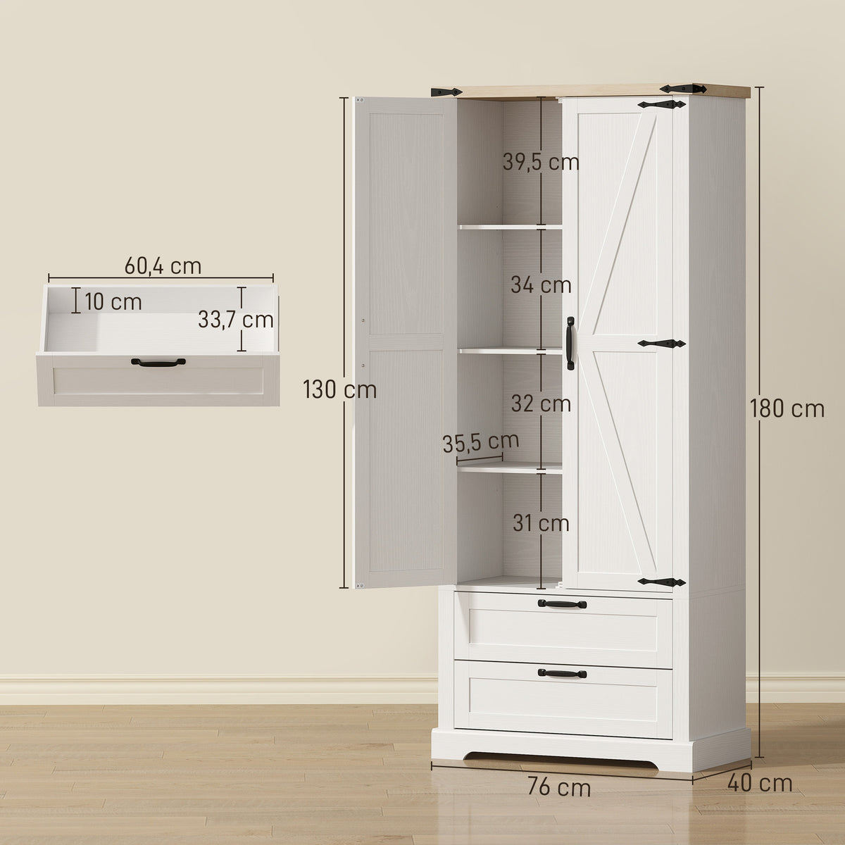 Buffet haut cuisine, armoire de cuisine avec 2 portes, 2 tiroirs, étagères réglables, style rustique, 76x40x180cm, blanc-2