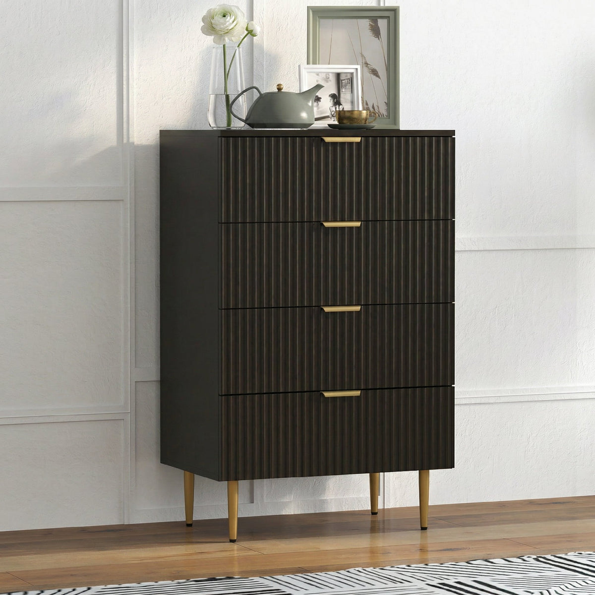 Commode 4 tiroirs commode chambre meuble de rangement moderne avec poignées et pieds dorés, dim. 60 x 40 x 96 cm, noir-7