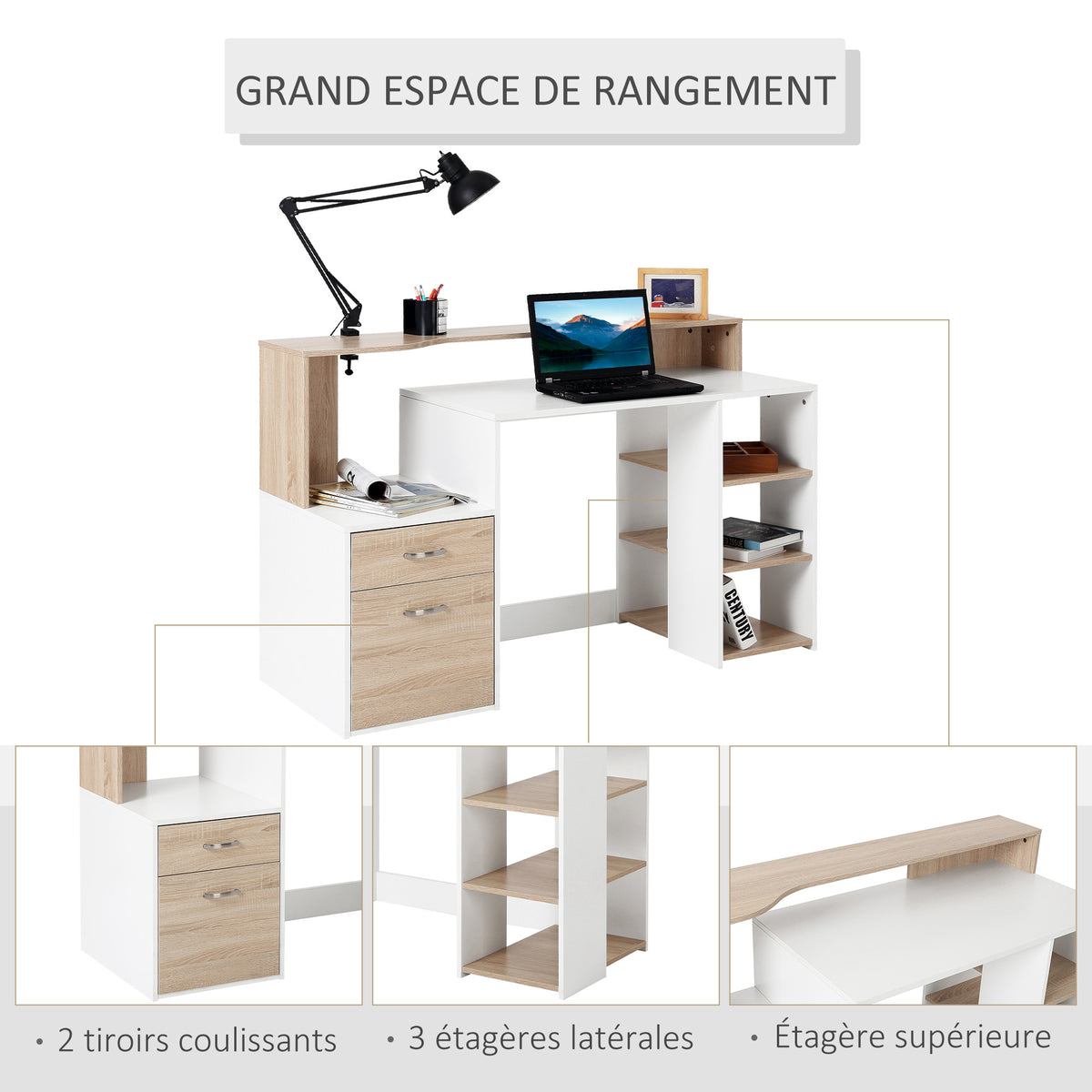 Bureau informatique avec 2 tiroirs, bureau avec rangement, 137 x 55 x 92 cm, étagères ouvertes et tablette-4