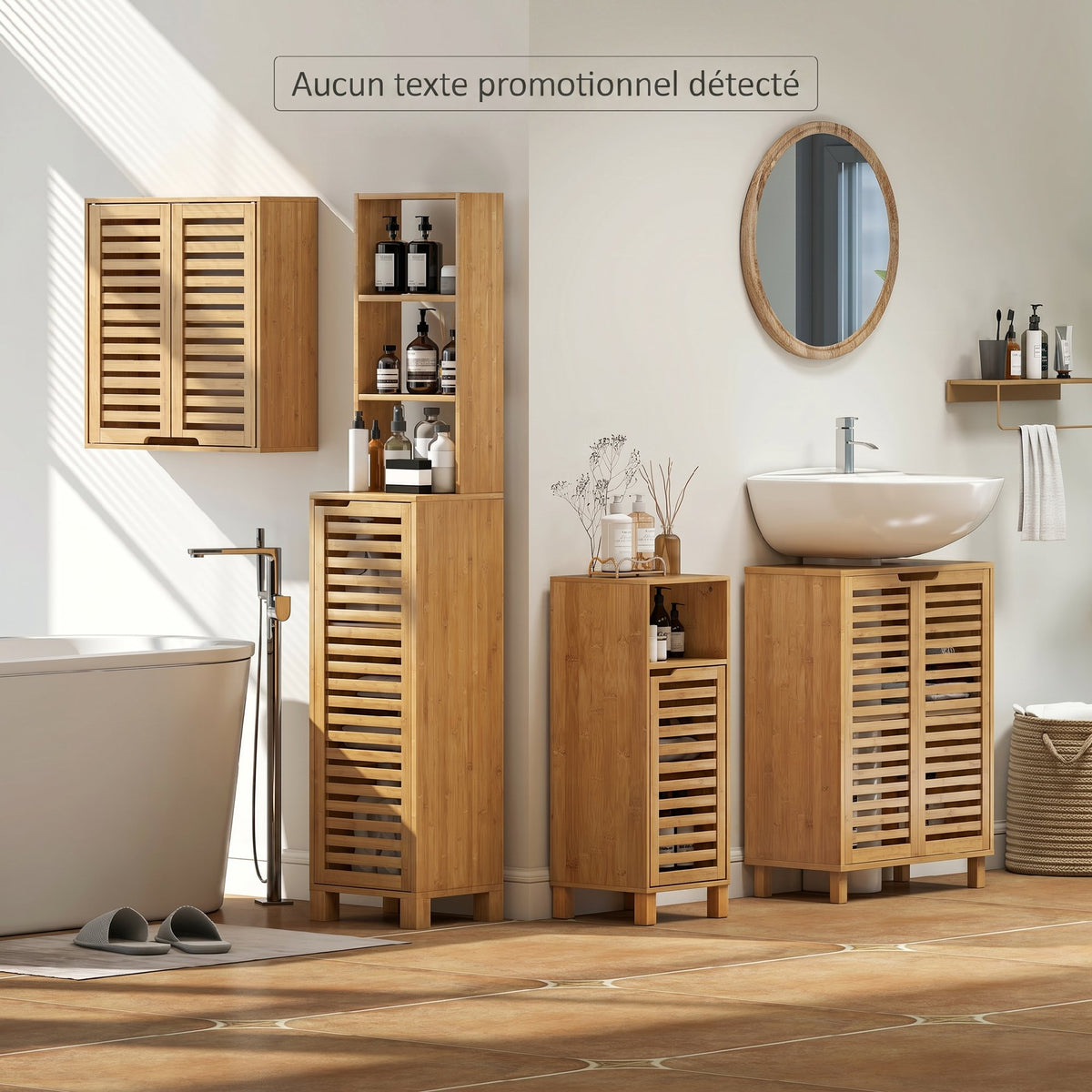 Meuble sous Lavabo en Bambou, Meuble de Salle de Bain avec 2 Portes Persiennes, Étagère Réglable, Bois Naturel-7