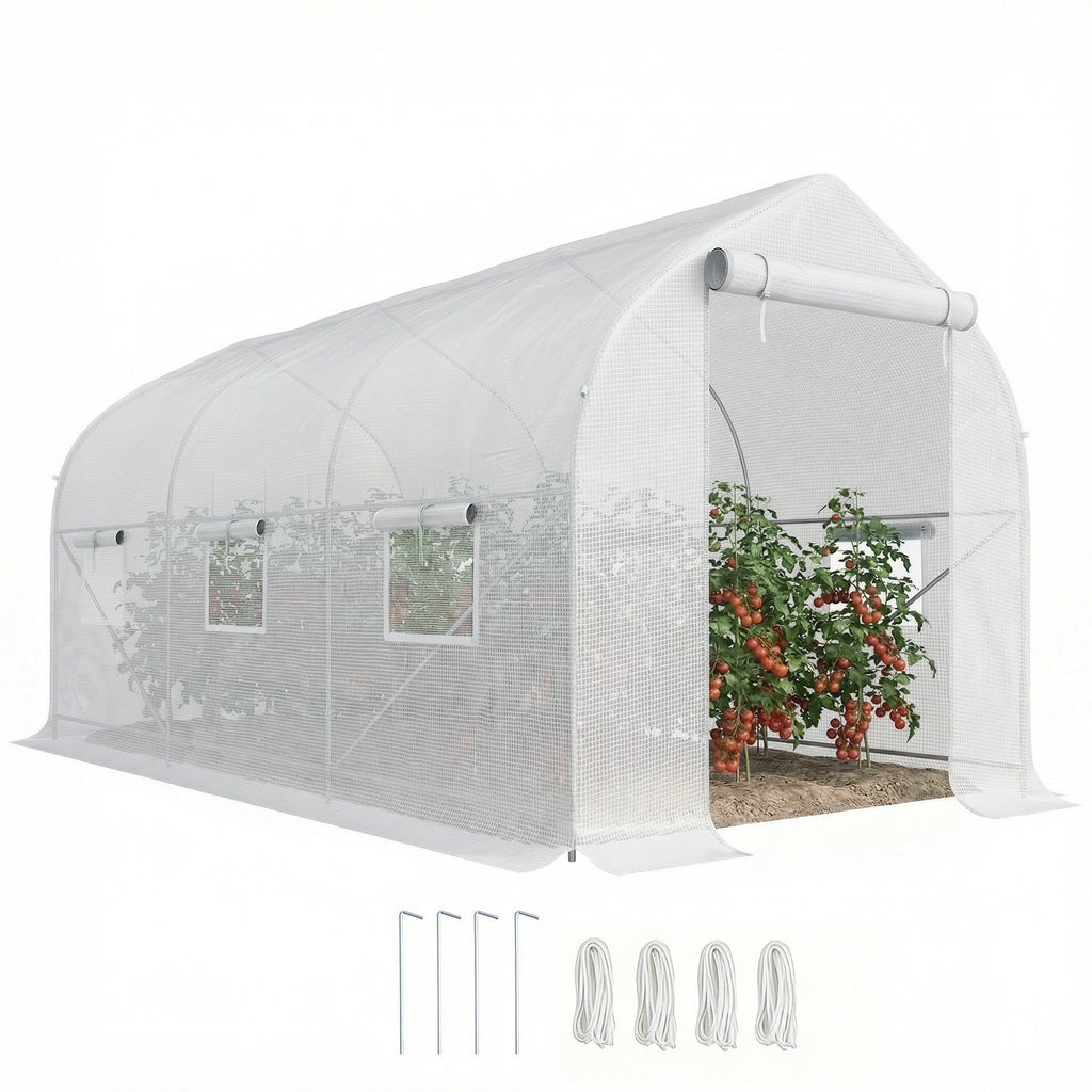 Serre tunnel de jardin 8m², serre de jardin tunnel avec 1 portes et 6 fenêtres, bâche PE 140g/m² 400x200x200cm blanc-0