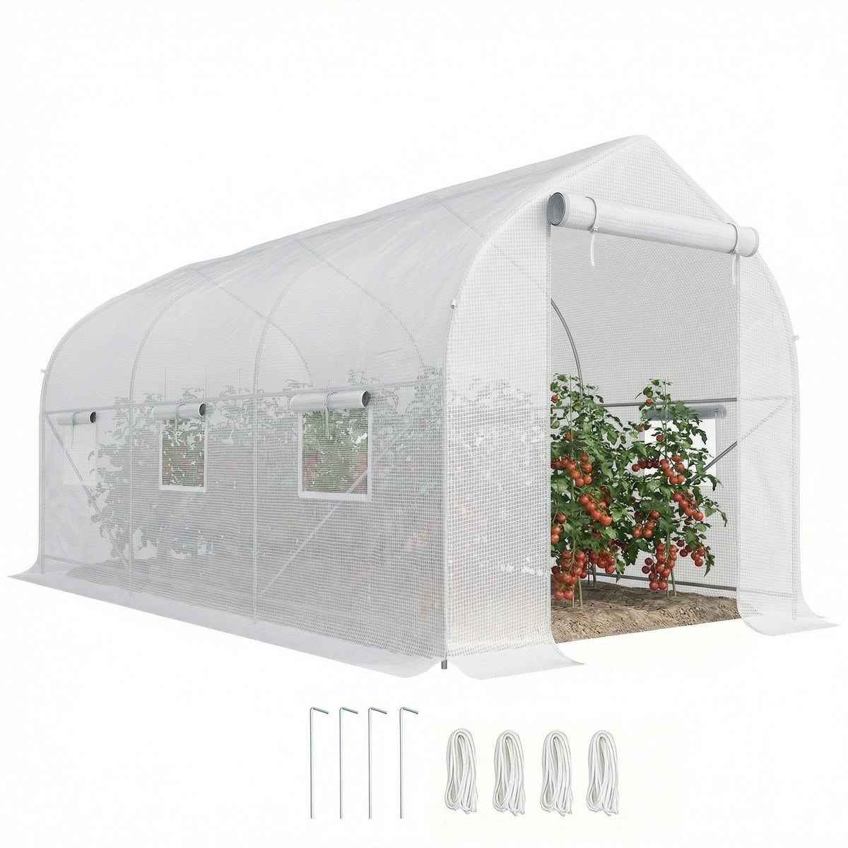 Serre tunnel de jardin 8m², serre de jardin tunnel avec 1 portes et 6 fenêtres, bâche PE 140g/m² 400x200x200cm blanc-0
