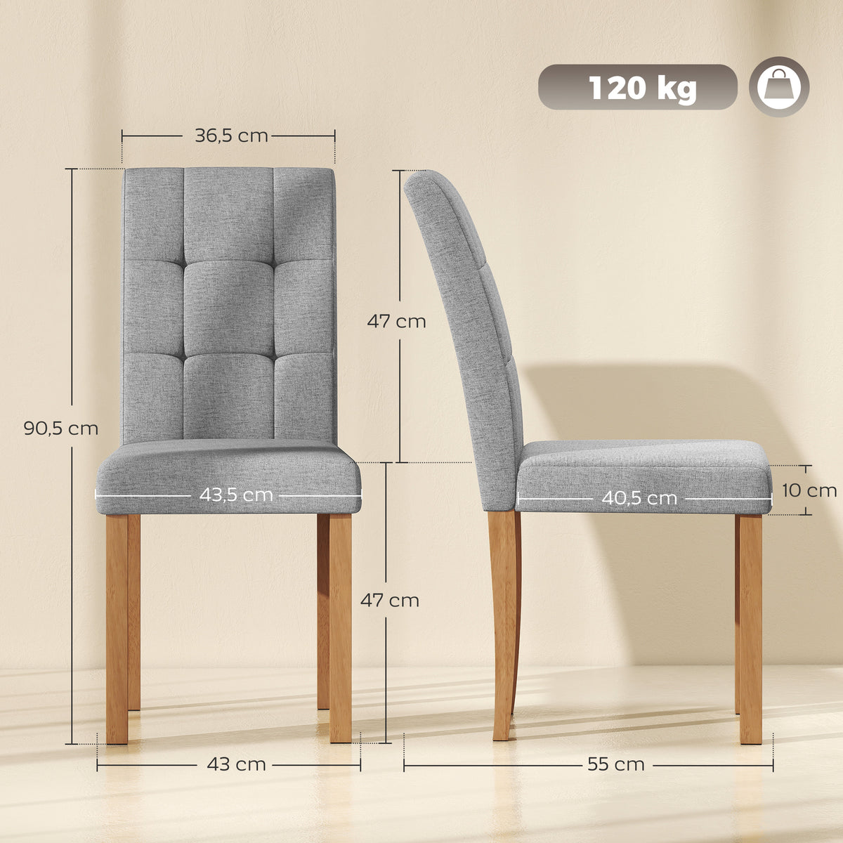 Lot de 2 chaises de salle à manger, chaise de cuisine moderne avec siège rembourré en tissu effet lin, gris clair-2