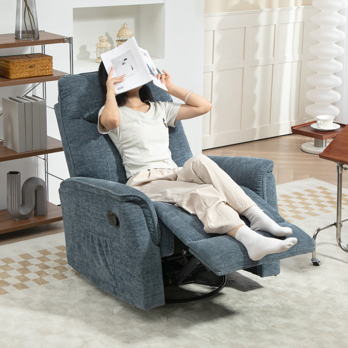 Fauteuil inclinable manuel pivotant avec repose-pieds rétractable, dossier réglable, bleu-9