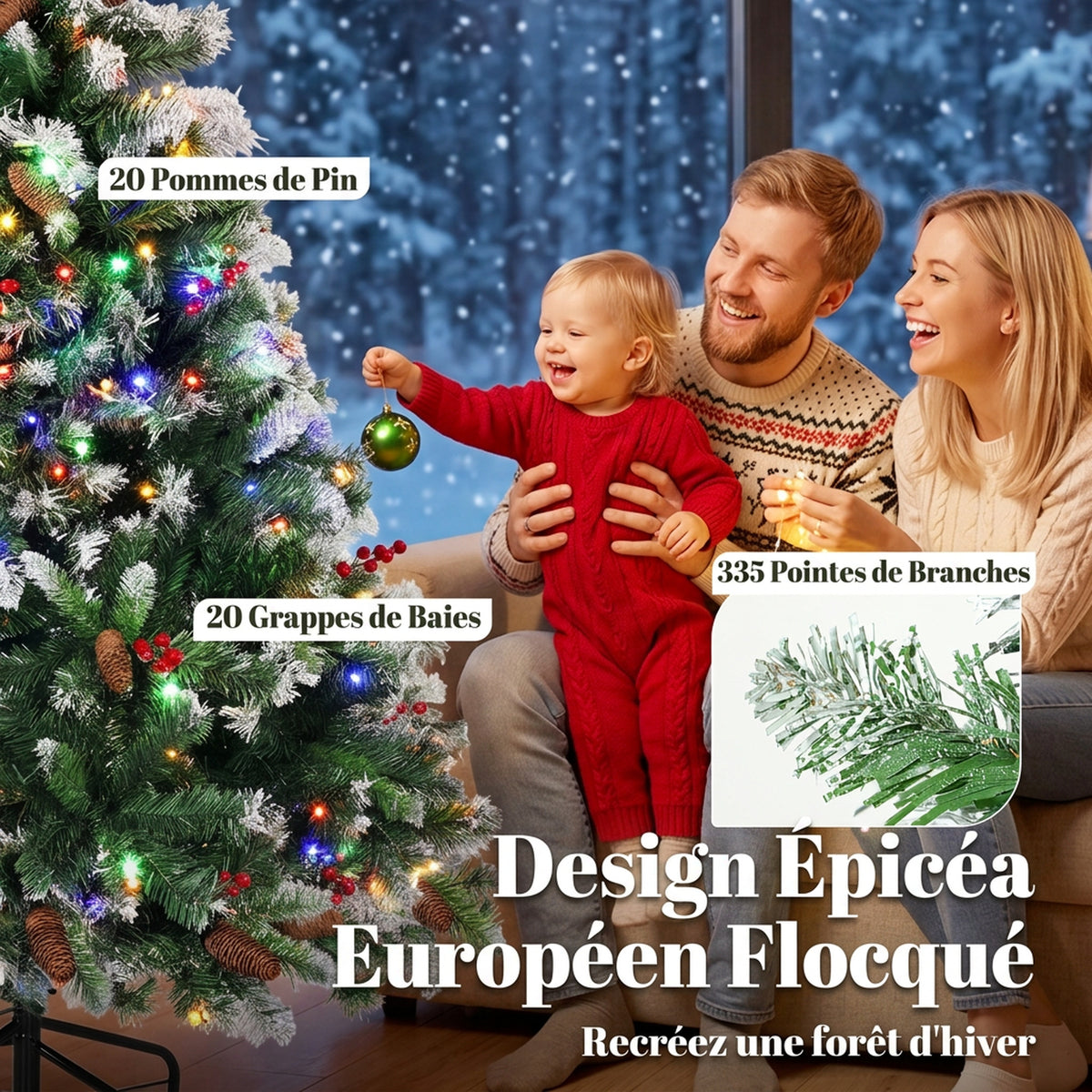 Sapin de Noël Artificiel Lumineux et Enneigé 120cm, Arbre de Noël, Télécommande, 11 Modes d'Éclairage, 150 LED, Vert-5