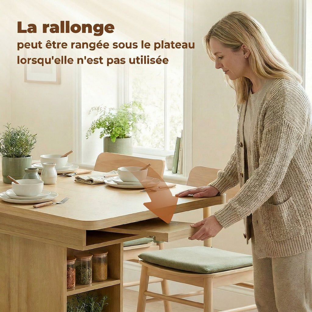 Table à manger extensible rectangle pour 4 à 6 personnes, table de cuisine 110-130 cm, 6 étagères ouvertes, bois naturel-6