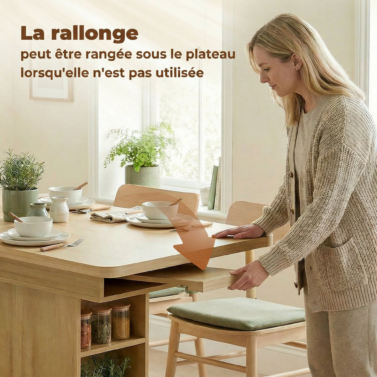 Table à manger extensible rectangle pour 4 à 6 personnes, table de cuisine 110-130 cm, 6 étagères ouvertes, bois naturel-6
