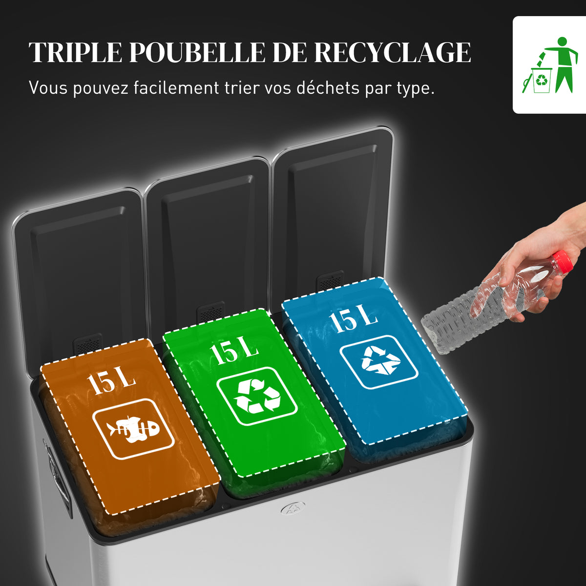 Poubelle de cuisine, poubelle tri sélectif, 3 compartiments de 15L, seaux intérieurs amovibles, 61,9x36,6x43,2cm, argent-3