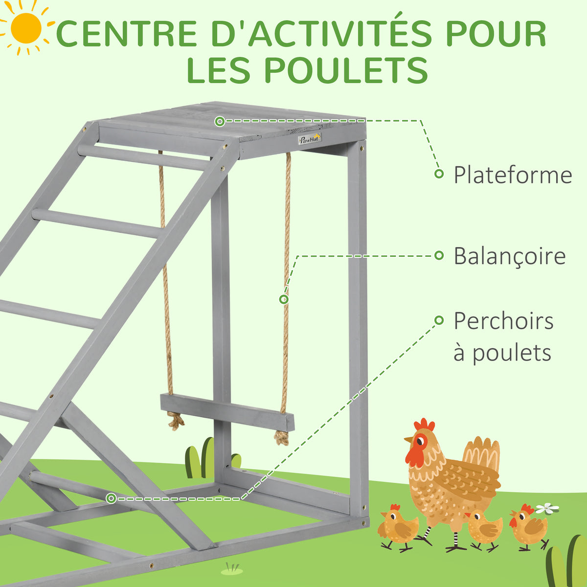Perchoir en bois pour poule, aire de jeux en bois pour poules avec balançoire, échelle, plateforme, 96 x 40 x 71 cm, gris-3