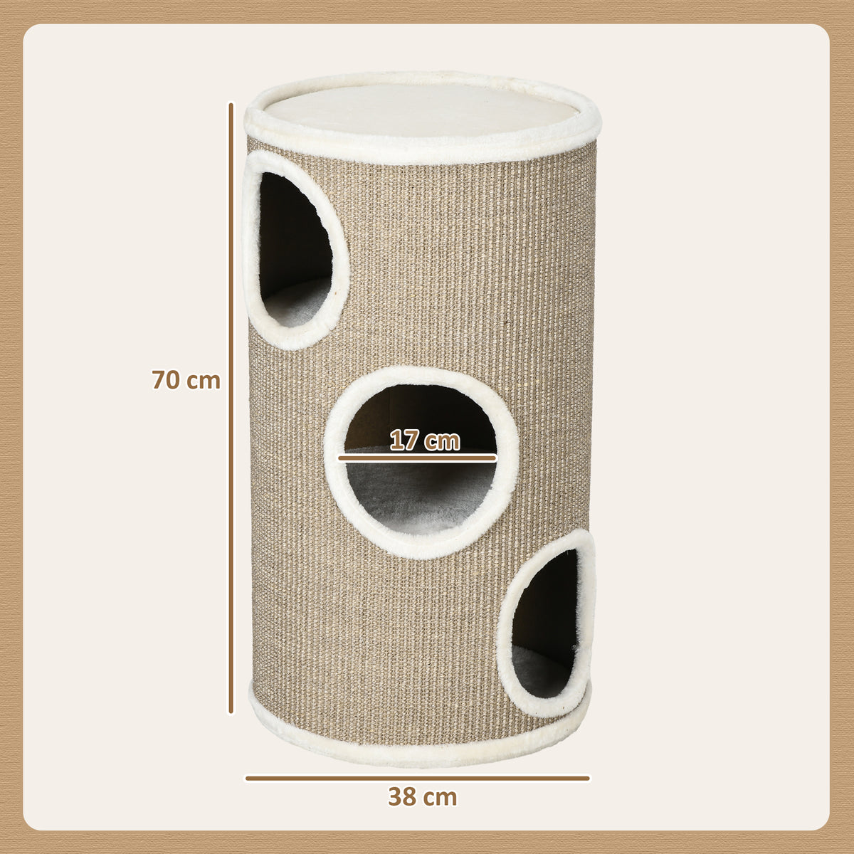 Tonneau à Gratter pour Chat, Tour à Griffer en Sisal à 3 Niveaux Recouvert de Peluche, Ø 38 x 70 cm, Marron-2