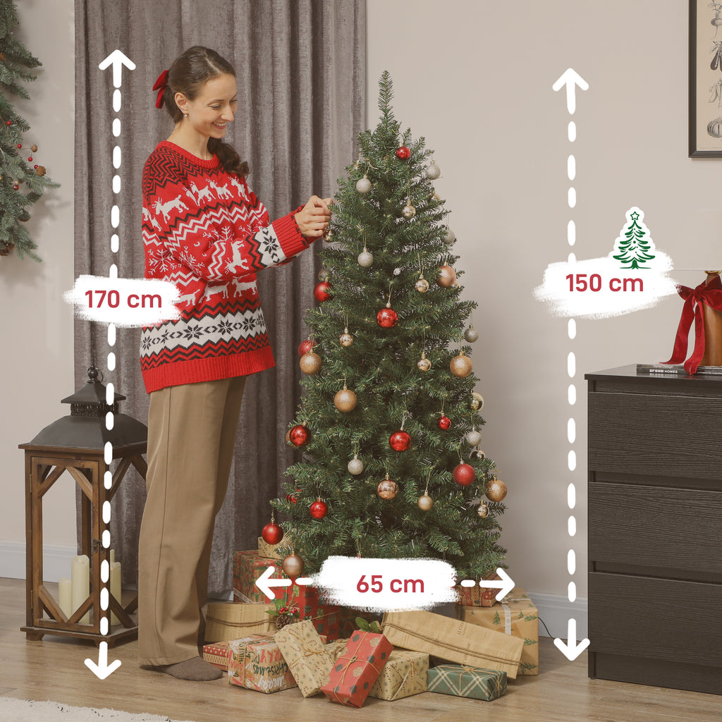 Sapin de Noël artificiel 150 cm, arbre de Noël fin avec 170 lumières, 635 pointes, support en métal pliable, vert-2