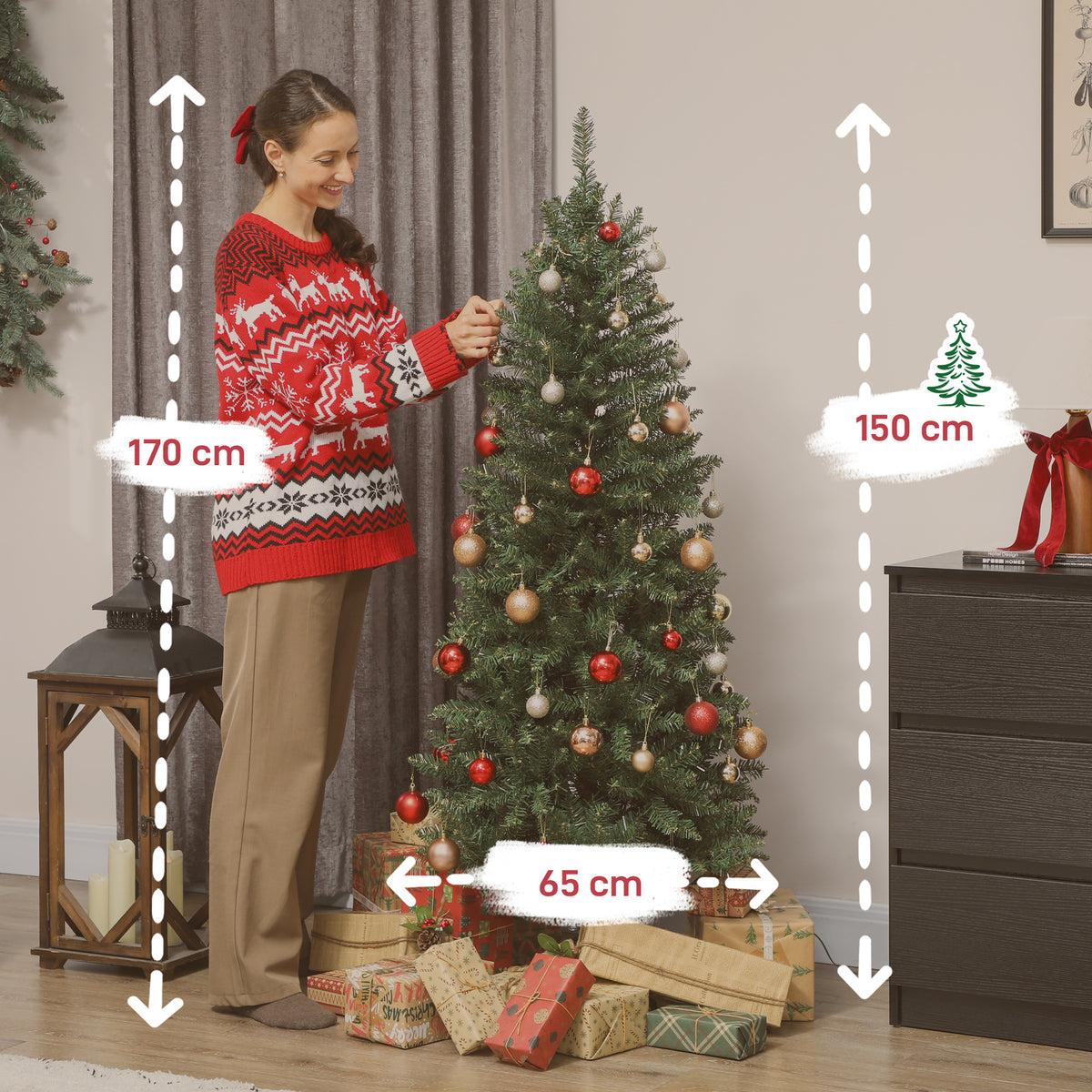 Sapin de Noël artificiel 150 cm, arbre de Noël fin avec 170 lumières, 635 pointes, support en métal pliable, vert-2