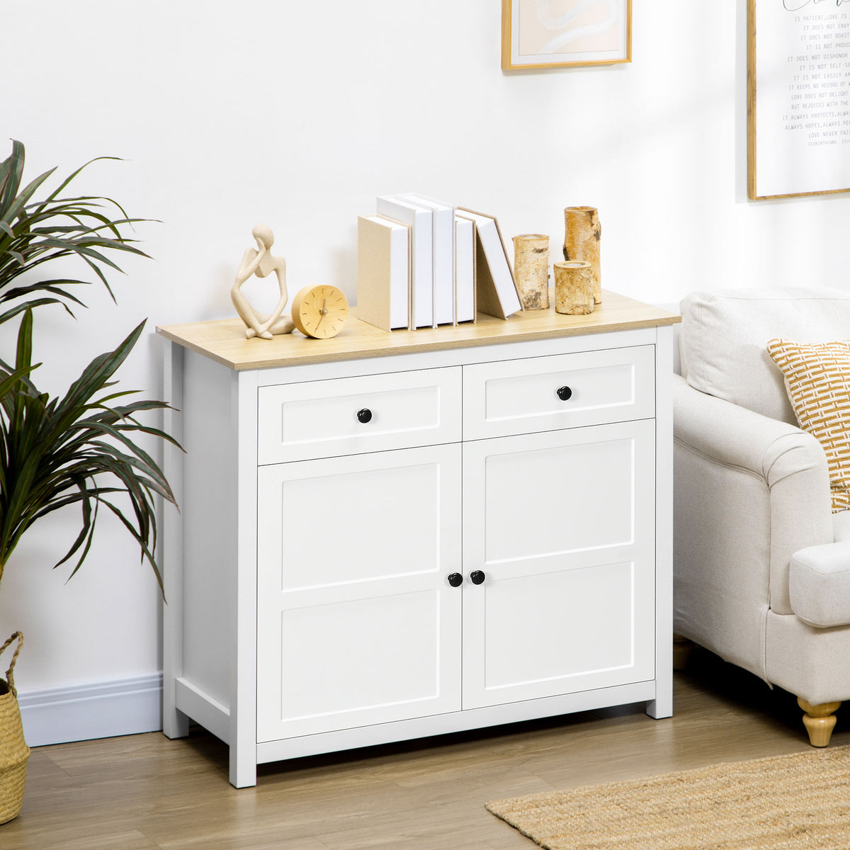 Commode meuble de rangement 2 portes avec étagère réglable en hauteur 2 tiroirs 100 x 40 x 85 cm blanc et aspect bois-1