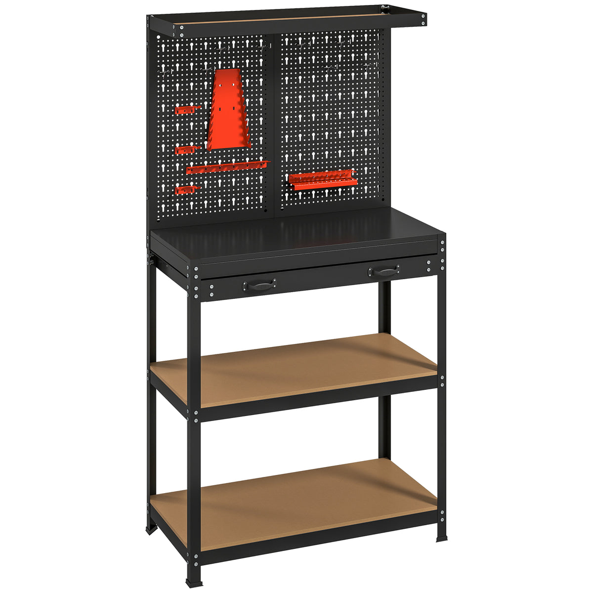 Établi d'atelier, plan de travail avec panneau perforé, 14 kits de suspension, 2 étagères et tiroir, 80x40,5x155cm, noir-0
