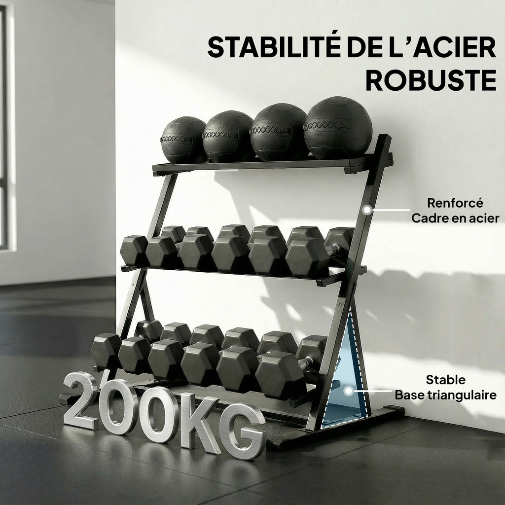 Support pour haltères à 3 niveaux, support de poids réglable en acier pour haltères, kettlebells, noir-5