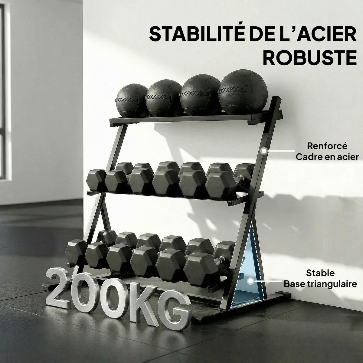 Support pour haltères à 3 niveaux, support de poids réglable en acier pour haltères, kettlebells, noir-5