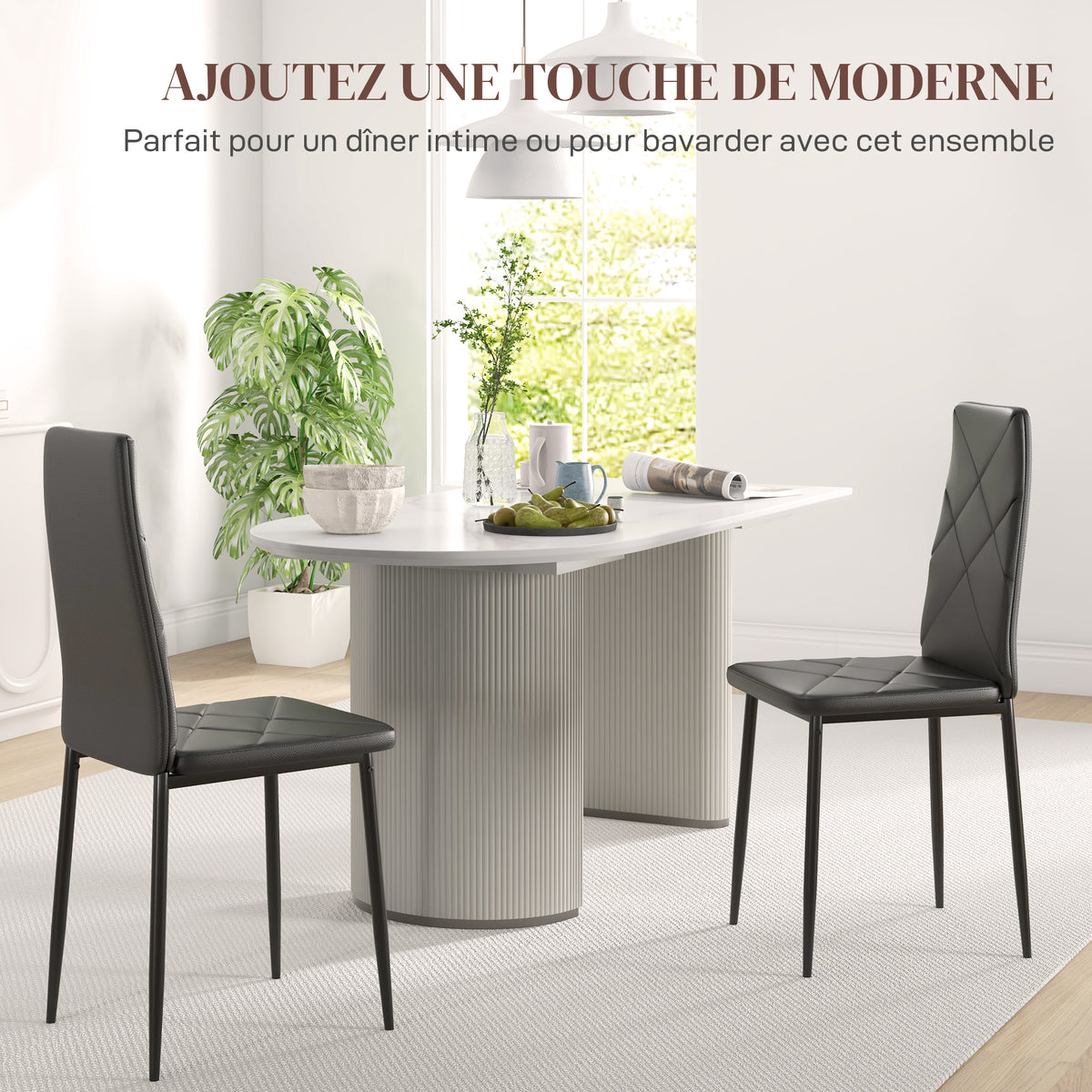 Lot de 2 chaises de salle à manger avec dossier haut, revêtement synthétique et pieds en acier, noir-3