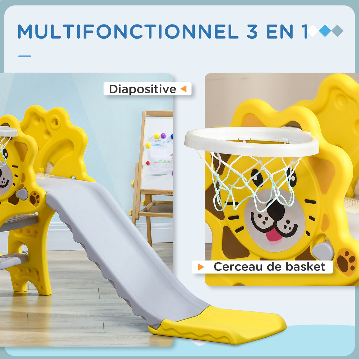 Toboggan pour enfants intérieur extérieur avec panier de basket pour les enfants de 18 à 36 mois, jaune, gris-3